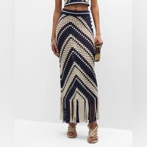 Ultra Pink Navy & Cream Chevron Crochet Maxi Skirt with Fringe Hem